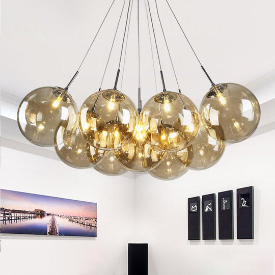 Modern Chrome Led Ceiling Lamp With Bubble Amber Glass Shade - 10-Light Multi Pendant For Living