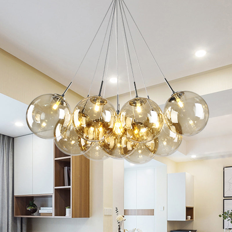 Modern 10-Light Chrome LED Ceiling Lamp for Living Room with Amber Glass Shades