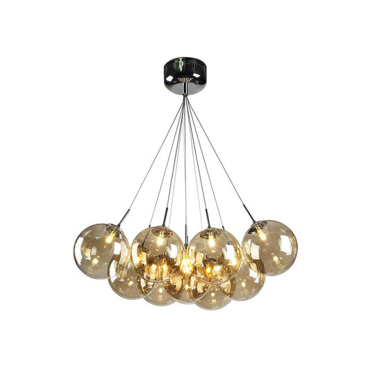 Modern 10-Light Chrome LED Ceiling Lamp for Living Room with Amber Glass Shades
