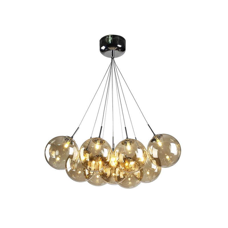 Modern Chrome Led Ceiling Lamp With Bubble Amber Glass Shade - 10-Light Multi Pendant For Living