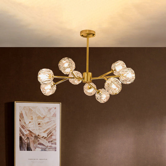 Modern Crystal Global Hanging Chandelier - 9-Light Brass Branch Pendant Lamp