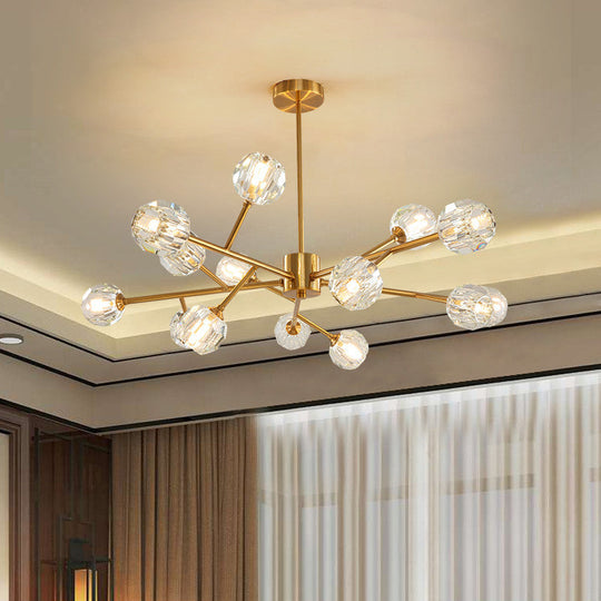Modernist Gold Ceiling Chandelier with Crystal Shade - 15-Bulb Living Room Suspension Light