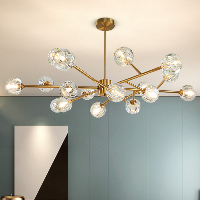 Modernist Gold Ceiling Chandelier With Crystal Shade - 15-Bulb Living Room Suspension Light