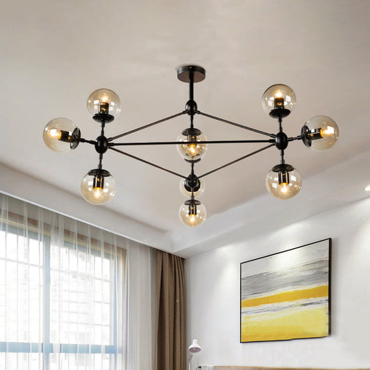 Modern Black Triangle Frame Chandelier, 10-Head Metal Pendant Light with Globe Cognac Glass Shade