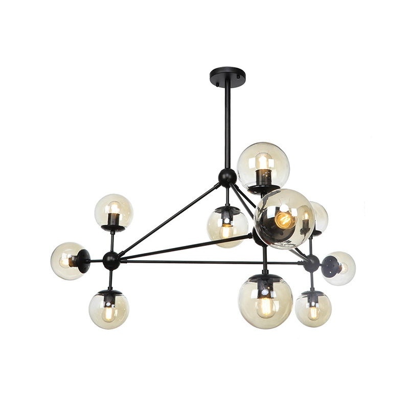 Modern Black Triangle Frame Chandelier, 10-Head Metal Pendant Light with Globe Cognac Glass Shade