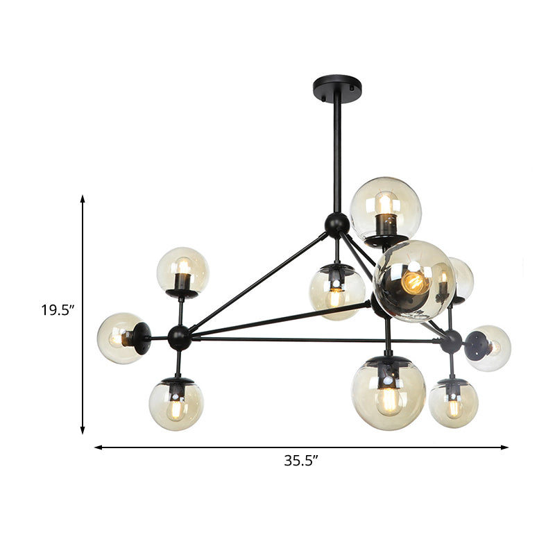 Modern Black Triangle Frame Chandelier, 10-Head Metal Pendant Light with Globe Cognac Glass Shade