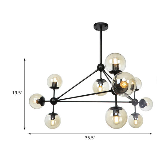 Modern Black Triangle Frame Chandelier With Cognac Glass Shades - 10 Head Metal Pendant Light