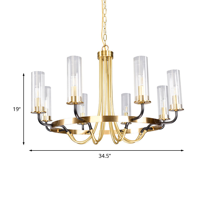 Minimalist Gold Chandelier Pendant Lamp - Tube Clear Glass Hanging Light with 8 Bulbs and Ring Design