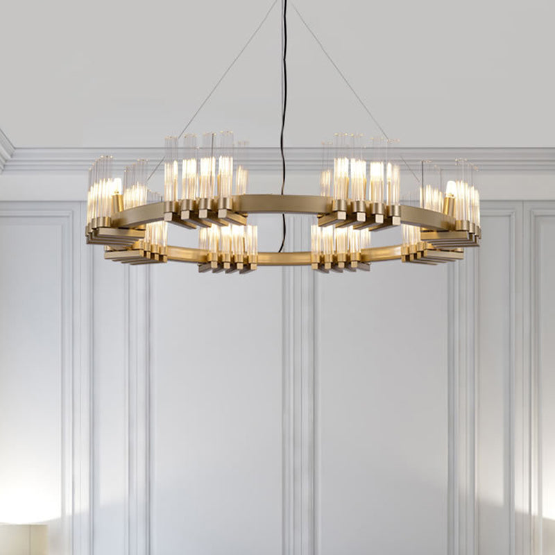 Modern Brass Chandelier With 24 Clear Glass Cylinder Shades