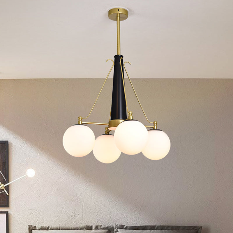 Frosted White Glass Pendant Chandelier - Modernist Sphere Design, 4 Heads - Brass and Black Finish