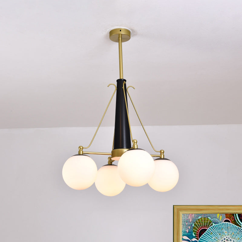Frosted White Glass Pendant Chandelier - Modernist Sphere Design, 4 Heads - Brass and Black Finish