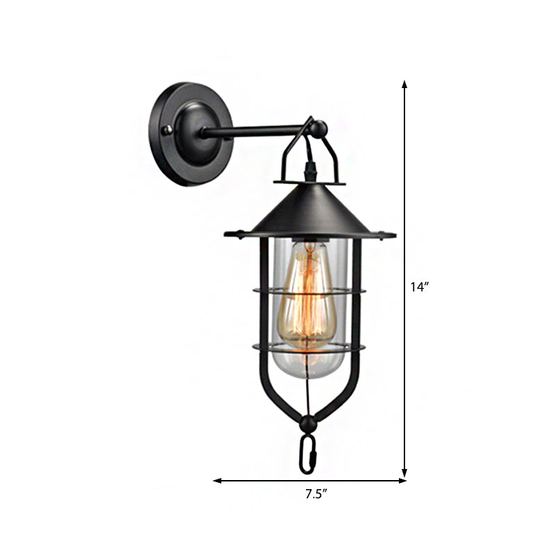 Black Sconce Lamp: Clear Glass Capsule 1-Light Traditional Wall Mount With Cage