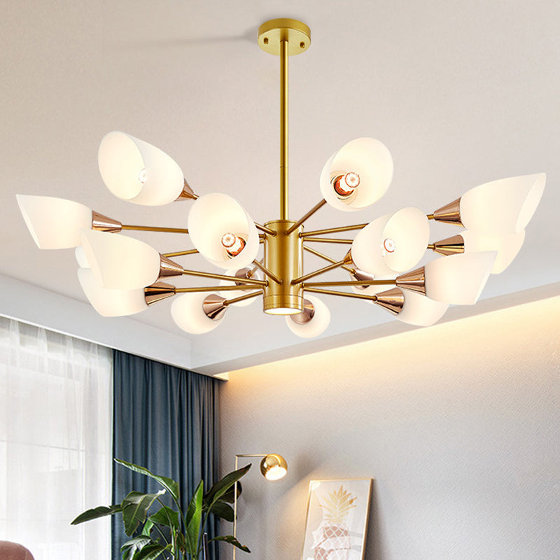 16-Bulb Post Modern Chandelier With Frosted Glass Shade And Gold Floral Design - Hanging Ceiling