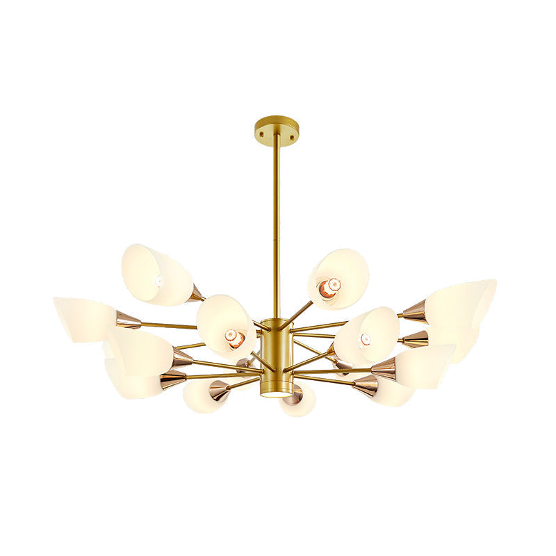 16-Bulb White Frosted Glass Chandelier - Post Modern Gold Floral Ceiling Lamp