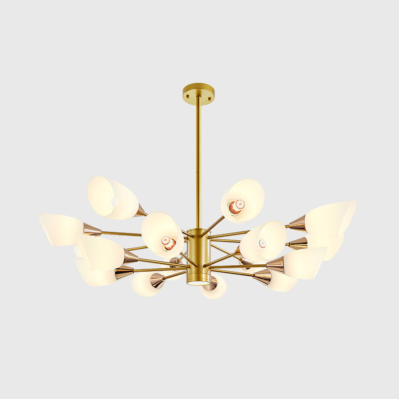 16-Bulb White Frosted Glass Chandelier - Post Modern Gold Floral Ceiling Lamp