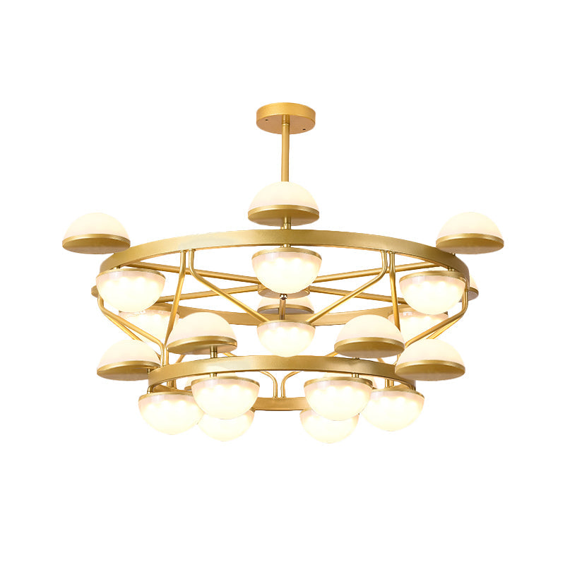 Modernist Gold Semicircle Chandelier Pendant Light For Living Room - Cream Glass 24-Bulb Ceiling