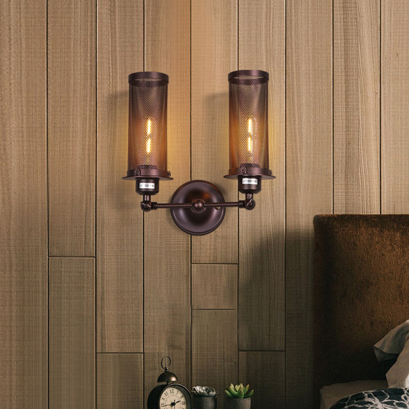 Industrial Metal 2-Light Black Cylinder Wall Sconce With Cage And Round Backplate For Bedroom