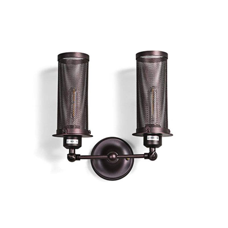 Industrial Metal 2-Light Black Cylinder Wall Sconce With Cage And Round Backplate For Bedroom