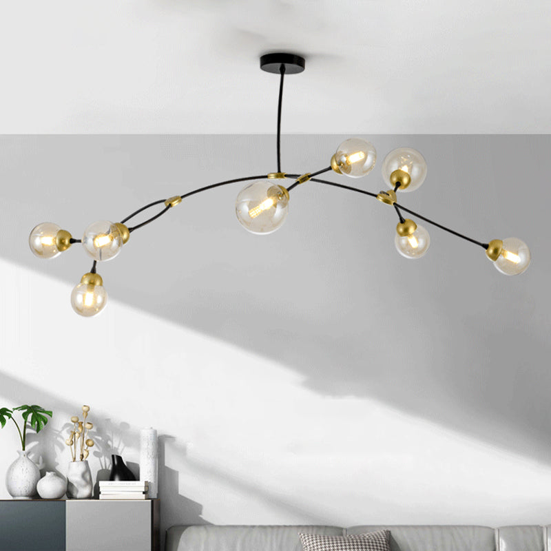 Modernist Amber Glass 8-Head Black Linear Pendant Lamp for Living Room - Globe Ceiling Chandelier