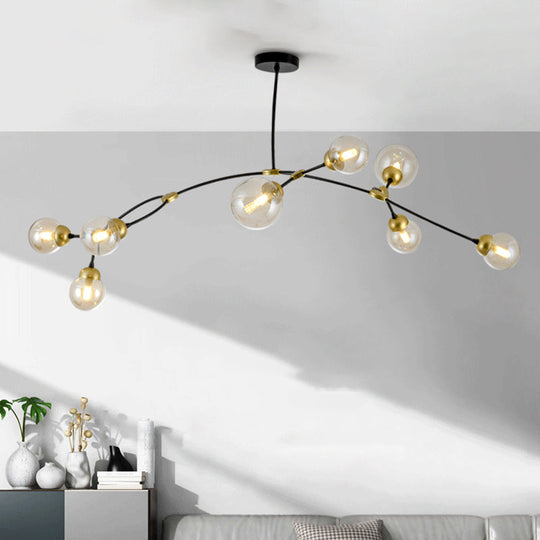 Modernist Amber Glass 8-Head Black Linear Pendant Lamp for Living Room - Globe Ceiling Chandelier