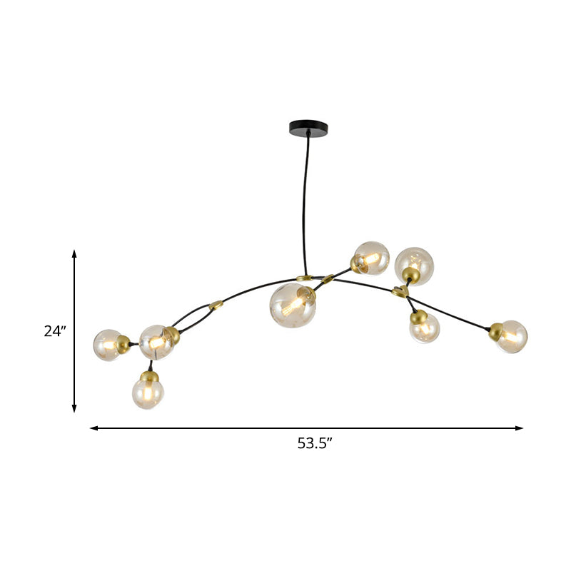 Modernist Amber Glass 8-Head Black Linear Pendant Lamp for Living Room - Globe Ceiling Chandelier