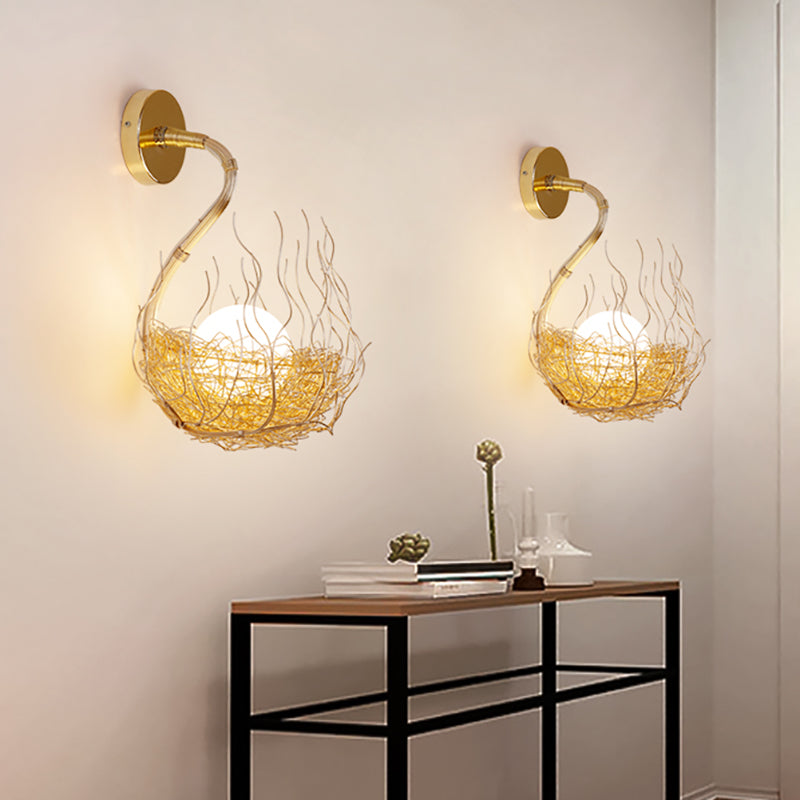 Globe Glass Wall Light Fixture With Gold Nest Design - Postmodern Sconce 8.5/10 Wide