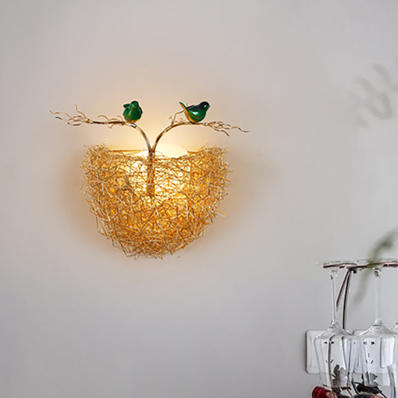 Postmodern Opal Glass Globe Wall Sconce Light With Bird Nest Design - Gold Lamp 14/15 Wide Yellow /