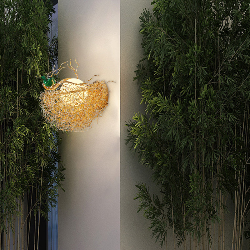 Postmodern Opal Glass Globe Wall Sconce Light With Bird Nest Design - Gold Lamp 14/15 Wide