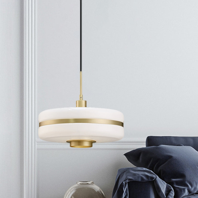 Modern White Glass Drum Pendant Ceiling Light With Gold Suspension For Living Room