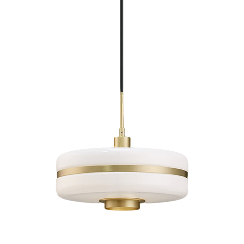 Modern White Glass Drum Pendant Ceiling Light With Gold Suspension For Living Room