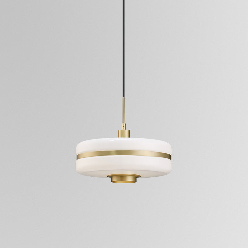 Modern White Glass Drum Pendant Ceiling Light With Gold Suspension For Living Room