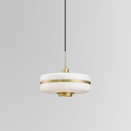 Modern White Glass Drum Pendant Ceiling Light With Gold Suspension For Living Room