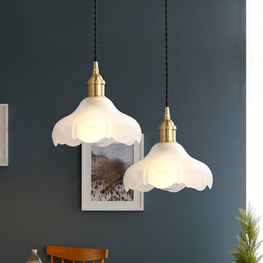 Modern Frosted Glass Scalloped Pendant Light Kit - 1-Light Contemporary Hanging Fixture in White