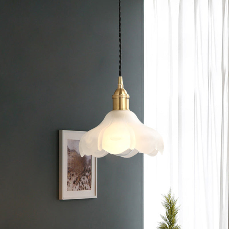 Modern Frosted Glass Scalloped Pendant Light Kit - 1-Light Contemporary Hanging Fixture in White