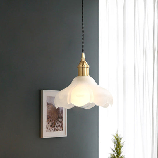 Frosted Glass Scalloped Hanging Light Kit - Modern 1-Light Pendant Fixture In White