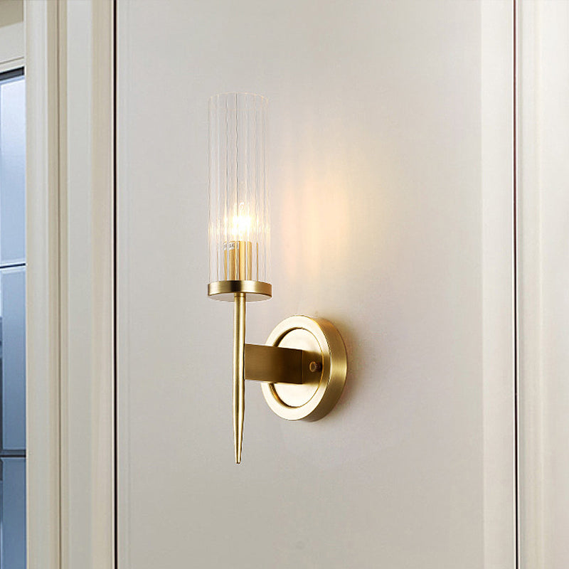 Modern Gold Corner Wall-Mount Lamp With Clear Glass: Cylinder Sconce Lighting