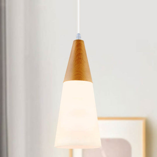 Modern Glass Cone Pendant Light with Wood Cap - White
