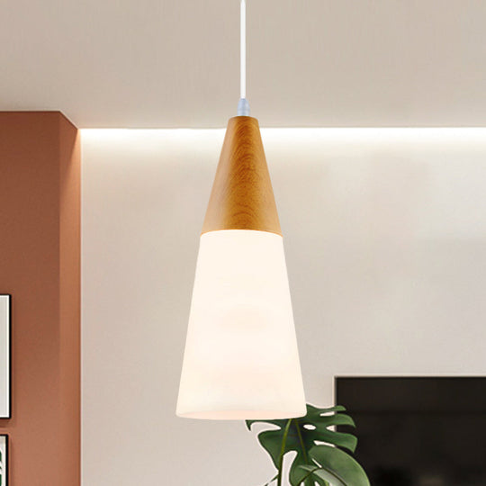 Modern Glass Cone Pendant Light with Wood Cap - White