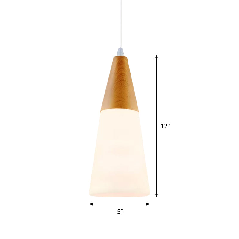 Modern White Glass Cone Pendant Light With Wood Cap - 1-Light Hanging Fixture