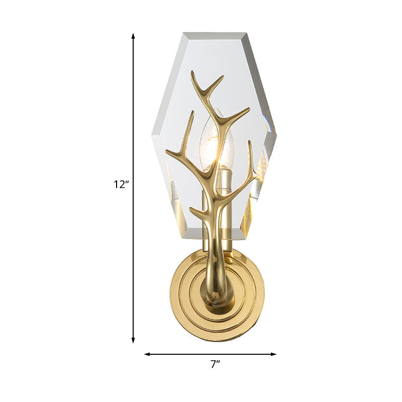 Modern Crystal Hexagon Sconce Light Fixture: Gold Wall-Mount Lamp With Antler Deco