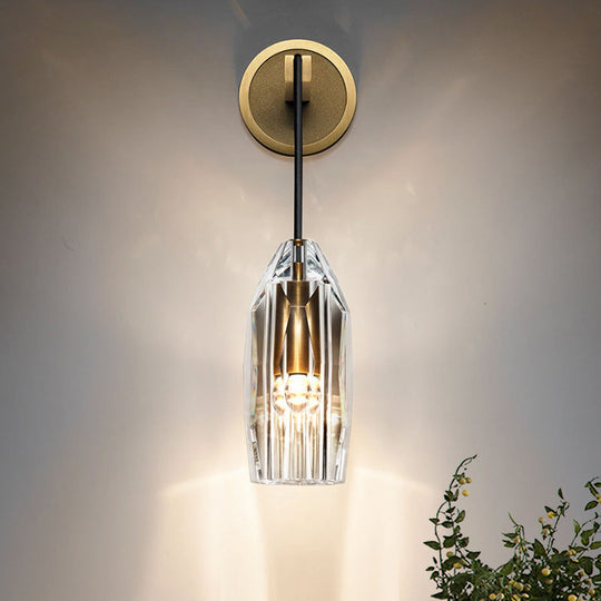 Modern 1-Light Gold Crystal Wall Sconce With Pendant Cord - Hand-Cut Lamp Fixture