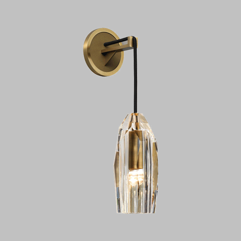 Modern 1-Light Gold Crystal Wall Sconce With Pendant Cord - Hand-Cut Lamp Fixture