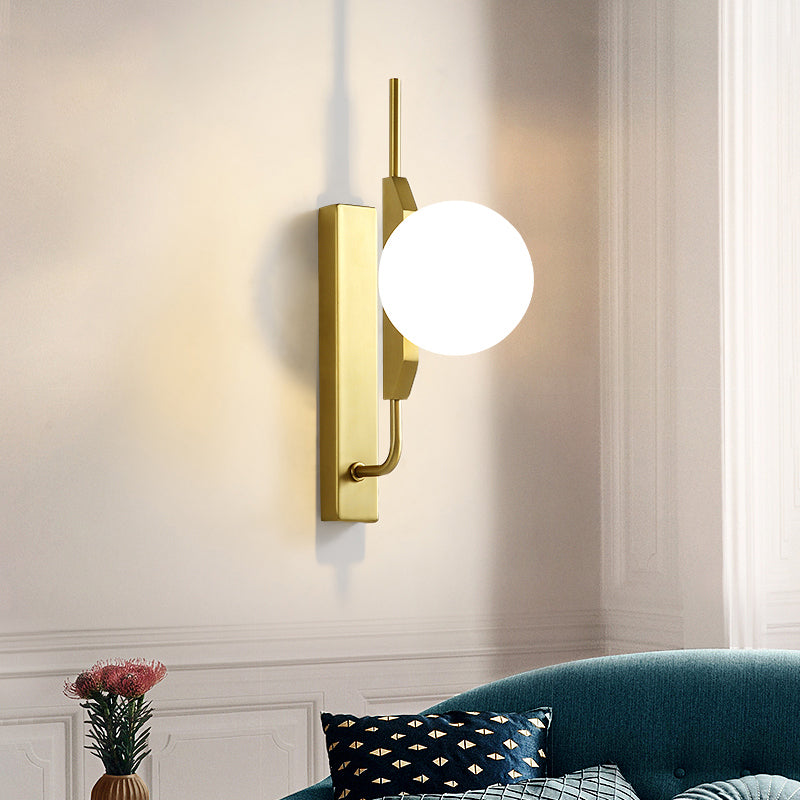 Globe Living Room Sconce - Frosted White Glass Modern Wall Light With Gold Backplate