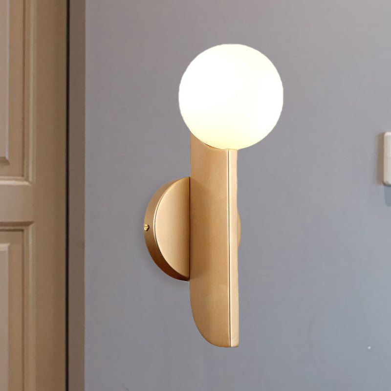 Modern Gold Finish Corner Wall Sconce With Ball Milky Glass Shade - 1 Light