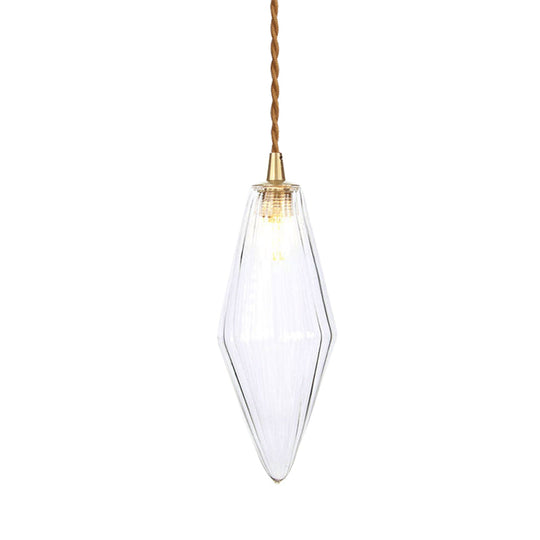 Contemporary Amber/Clear Glass Diamond Pendant Light Fixture - 1-Light 3/4 Wide Dining Room Hanging