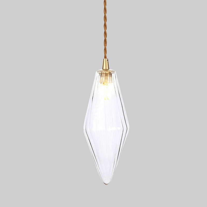 Contemporary Amber/Clear Glass Diamond Pendant Light Fixture - 1-Light 3/4 Wide Dining Room Hanging