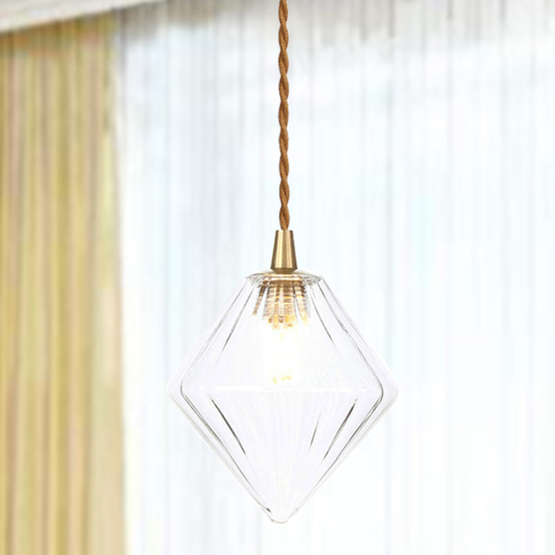 Contemporary Amber/Clear Glass Diamond Pendant Light Fixture - 1-Light 3/4 Wide Dining Room Hanging