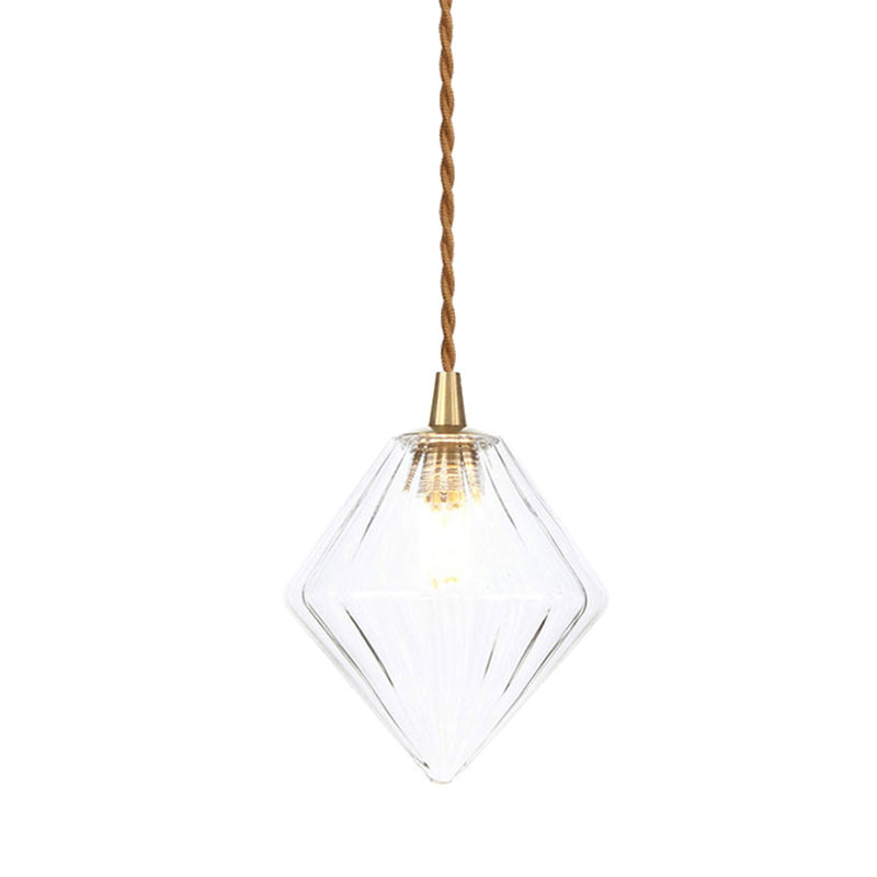 Contemporary Amber/Clear Glass Diamond Pendant Light Fixture - 1-Light 3/4 Wide Dining Room Hanging