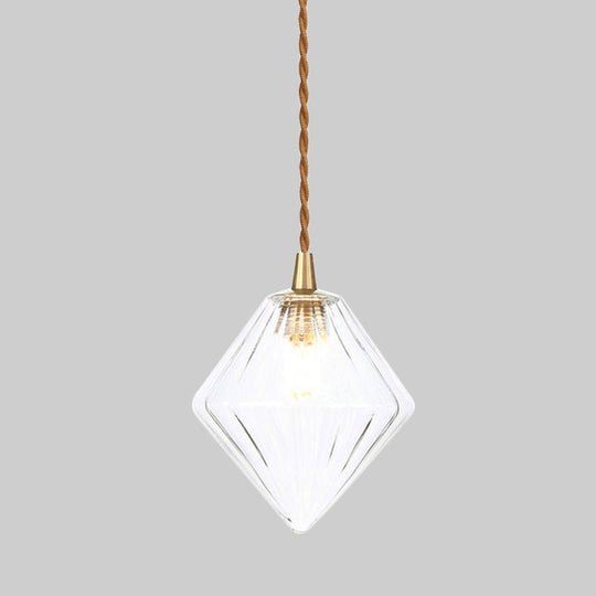 Contemporary Amber/Clear Glass Diamond Pendant Light Fixture - 1-Light 3/4 Wide Dining Room Hanging