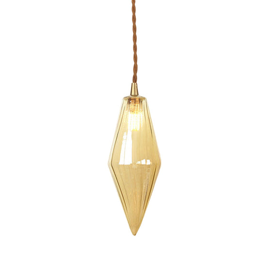 Contemporary Amber/Clear Glass Diamond Pendant Light Fixture - 1-Light 3/4 Wide Dining Room Hanging